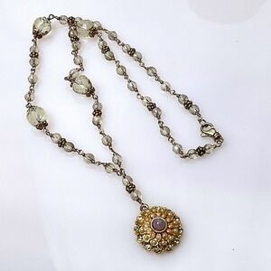 Vintage Roxanne Assoulin Necklace 1990s Rock Crystal Gold Tone Pendant 14k Clasp